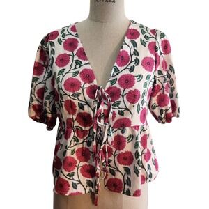 Fancy D New Boutique Floral Tie Front Peplum‎ Top Short Puff Sleeve Size S